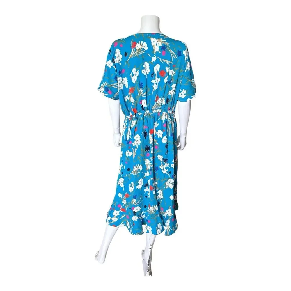 J Crew Mercantile Faux Wrap Midi Dress Womens Large Blue Floral Flutter Sleeve